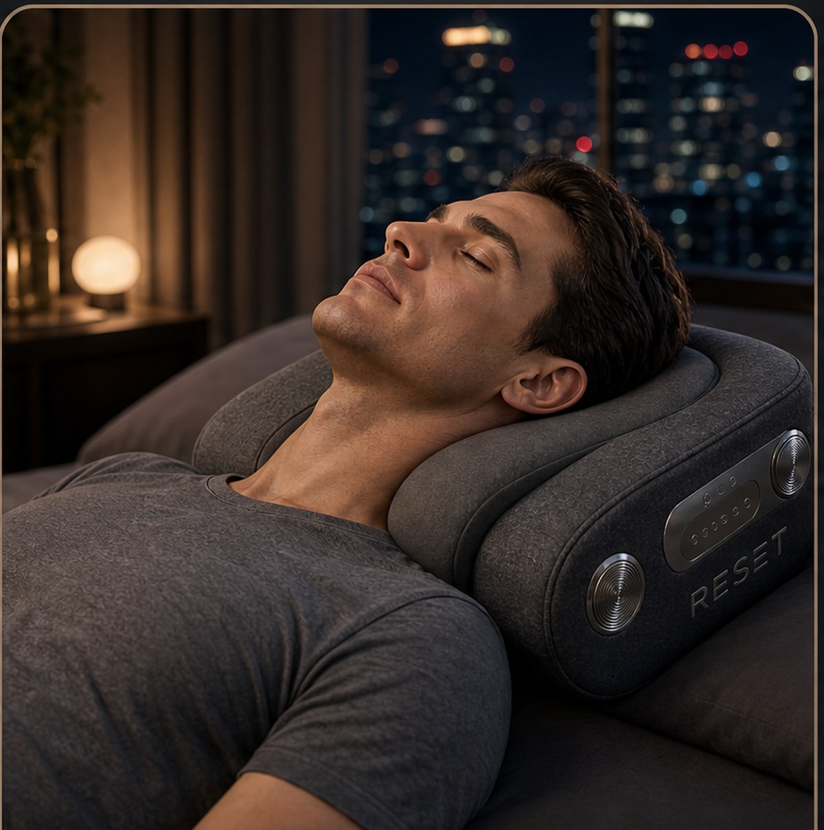 Resting on the RESET pillow, the acoustic module beside the head.